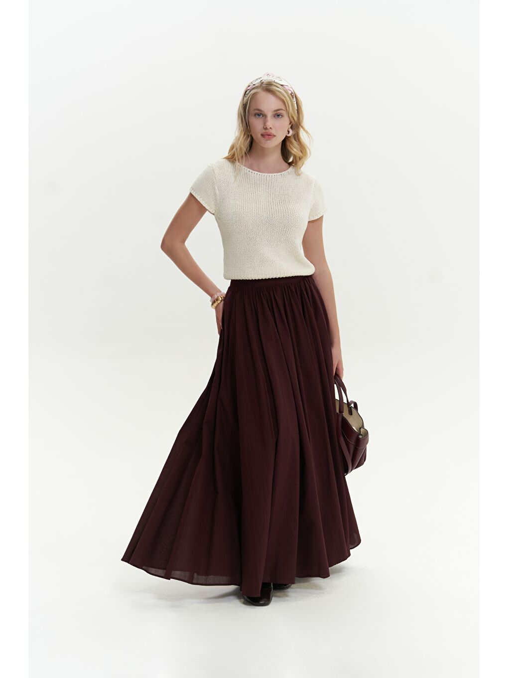 Faylinn Pileli Uzun Bordo Etek-1