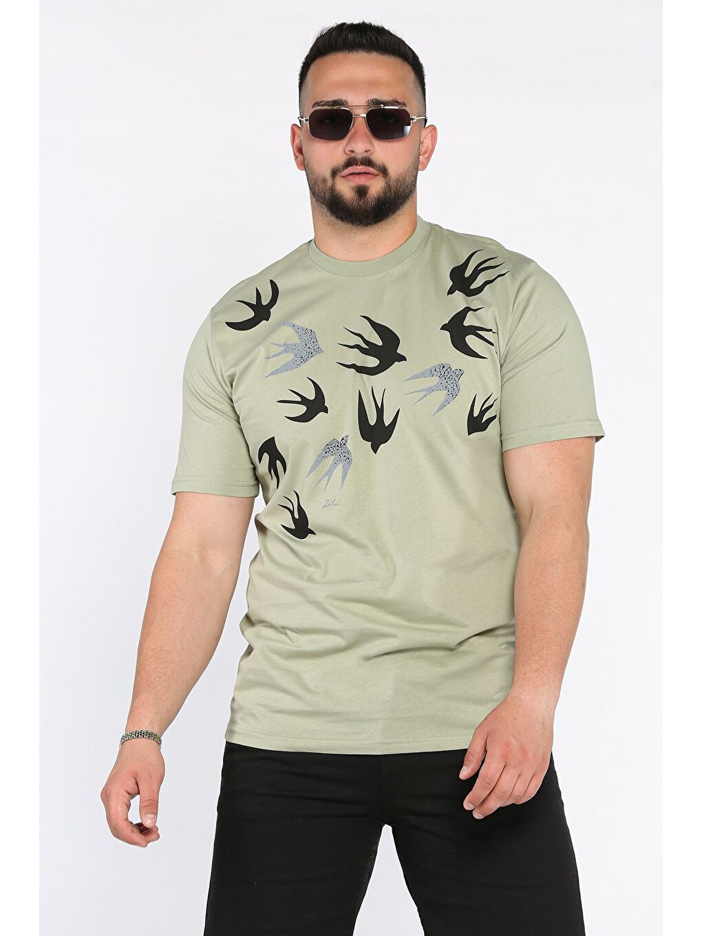 Haki Erkek Bisiklet Yaka Baskılı Tişört