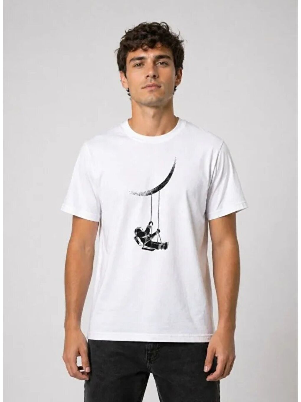 Beyaz Erkek Astronot Ay Temalı Tişört-1