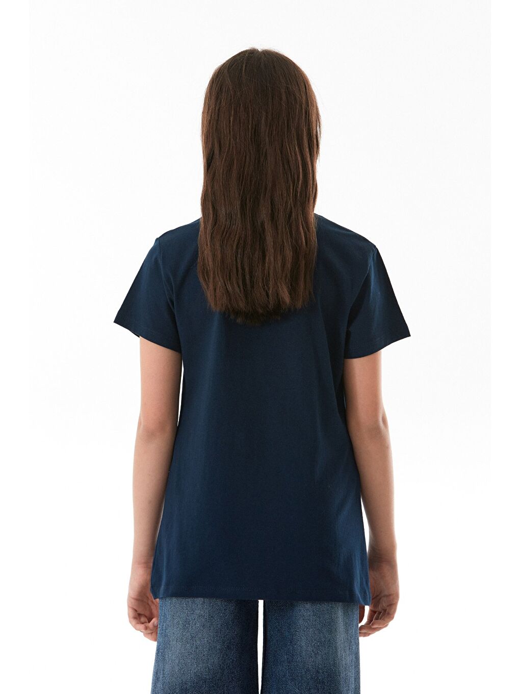 Lacivert %100 Pamuk Kiraz Baskılı Bisiklet Yaka Kız Çocuk Tişört-1