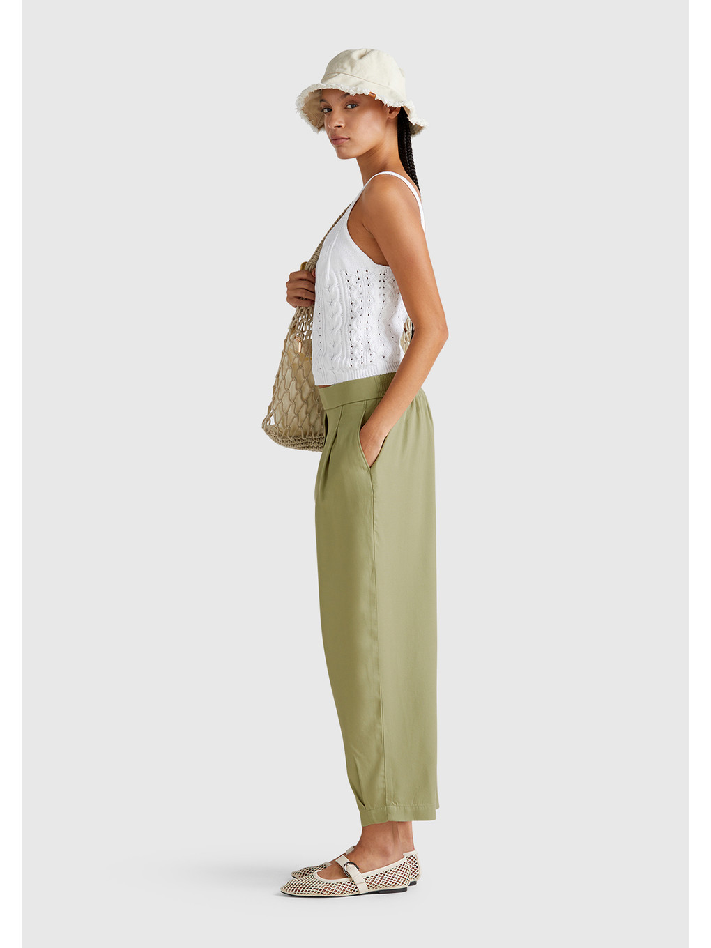 Gri Kadın Adaçayı Yeşili %100 Liyosel Beli Lastikli Balon Fit Pantolon-4