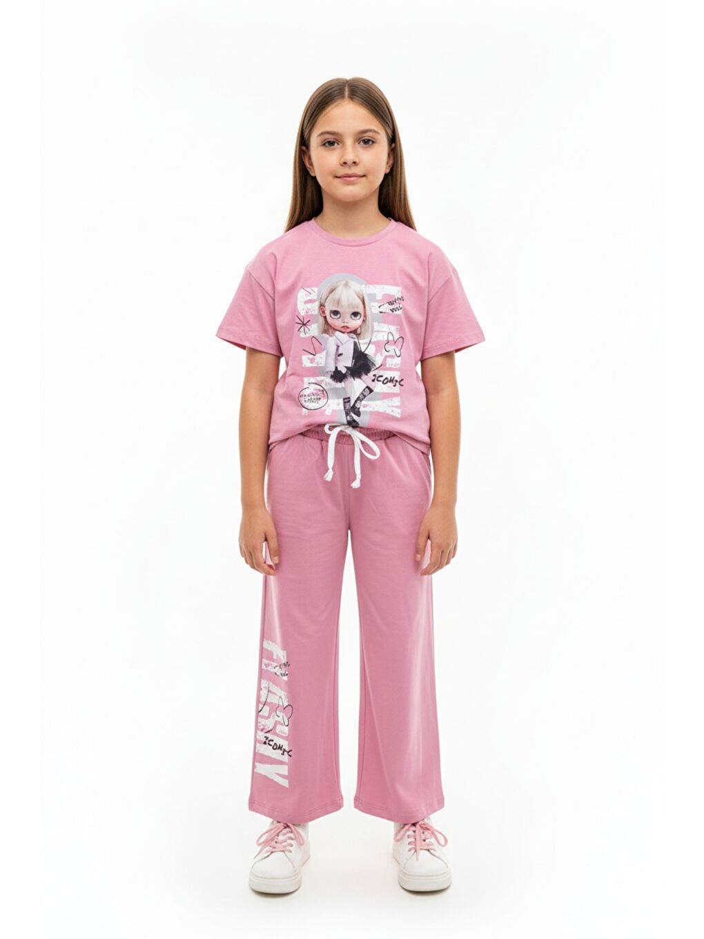Pembe Kız Çocuk 2'li  Eşofman Takım Bisiklet Yaka Kısa Kollu Baskılı Tişört - Beli Lastikli Bağlamalı Cepl