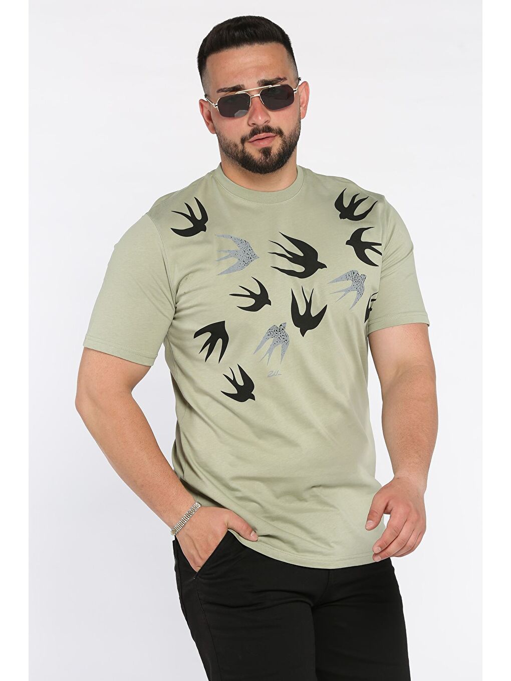 Haki Erkek Bisiklet Yaka Baskılı Tişört-1