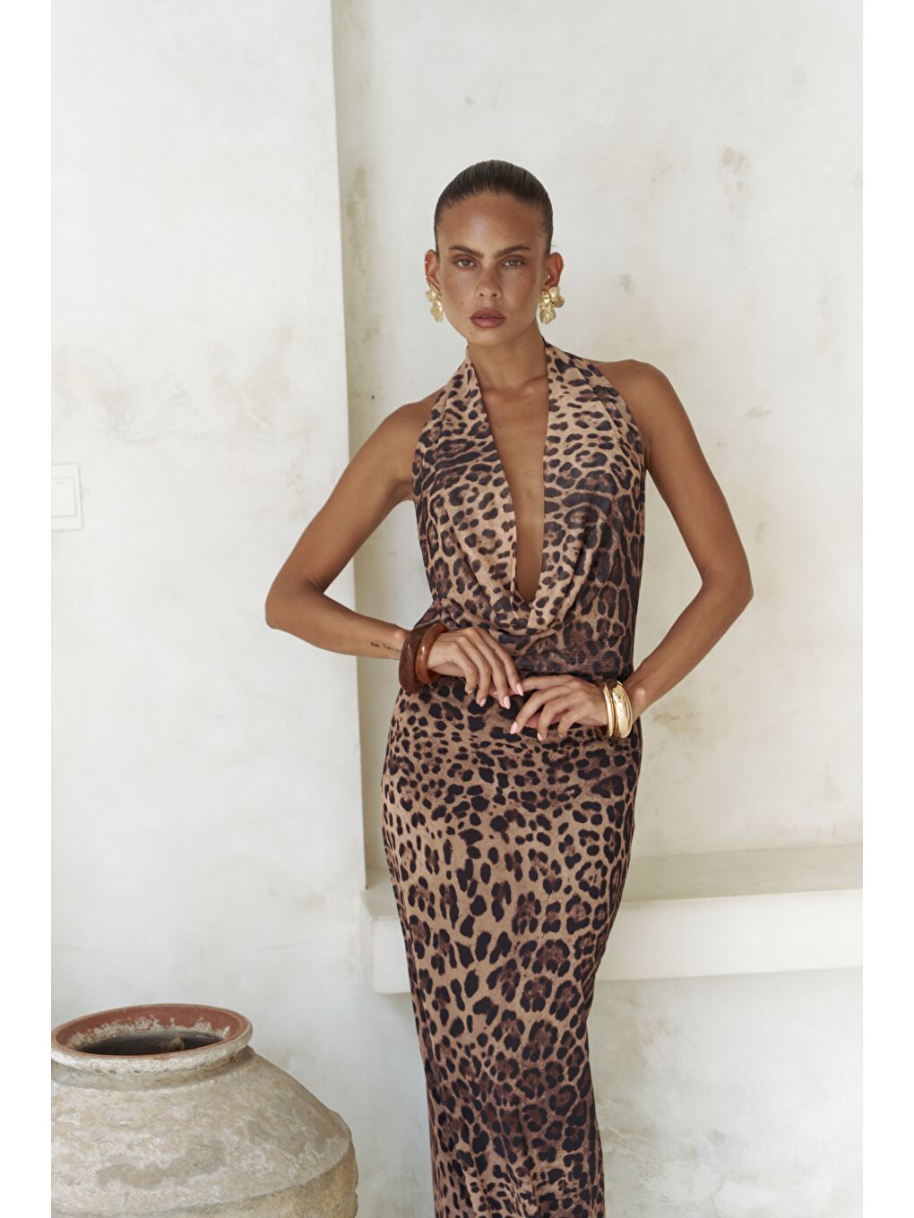 Bej Galagher Degaje Leopar Uzun Elbise