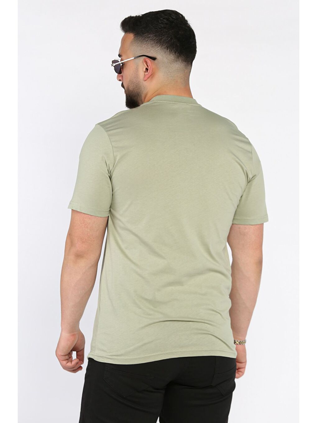 Haki Erkek Bisiklet Yaka Baskılı Tişört-2