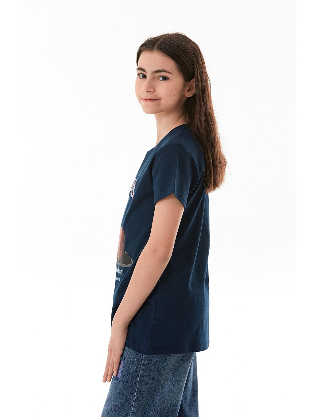 Lacivert %100 Pamuk Kiraz Baskılı Bisiklet Yaka Kız Çocuk Tişört-2