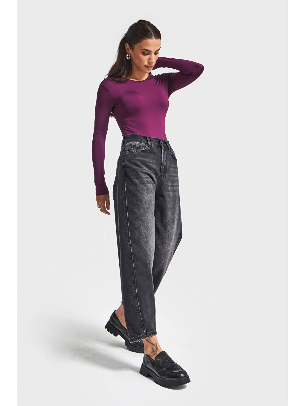 Gri Kadın Koyu Füme Renk Venüs 2w5-1 Carrot Fit Rahat Kesim %100 Pamuk Denim Jean-3