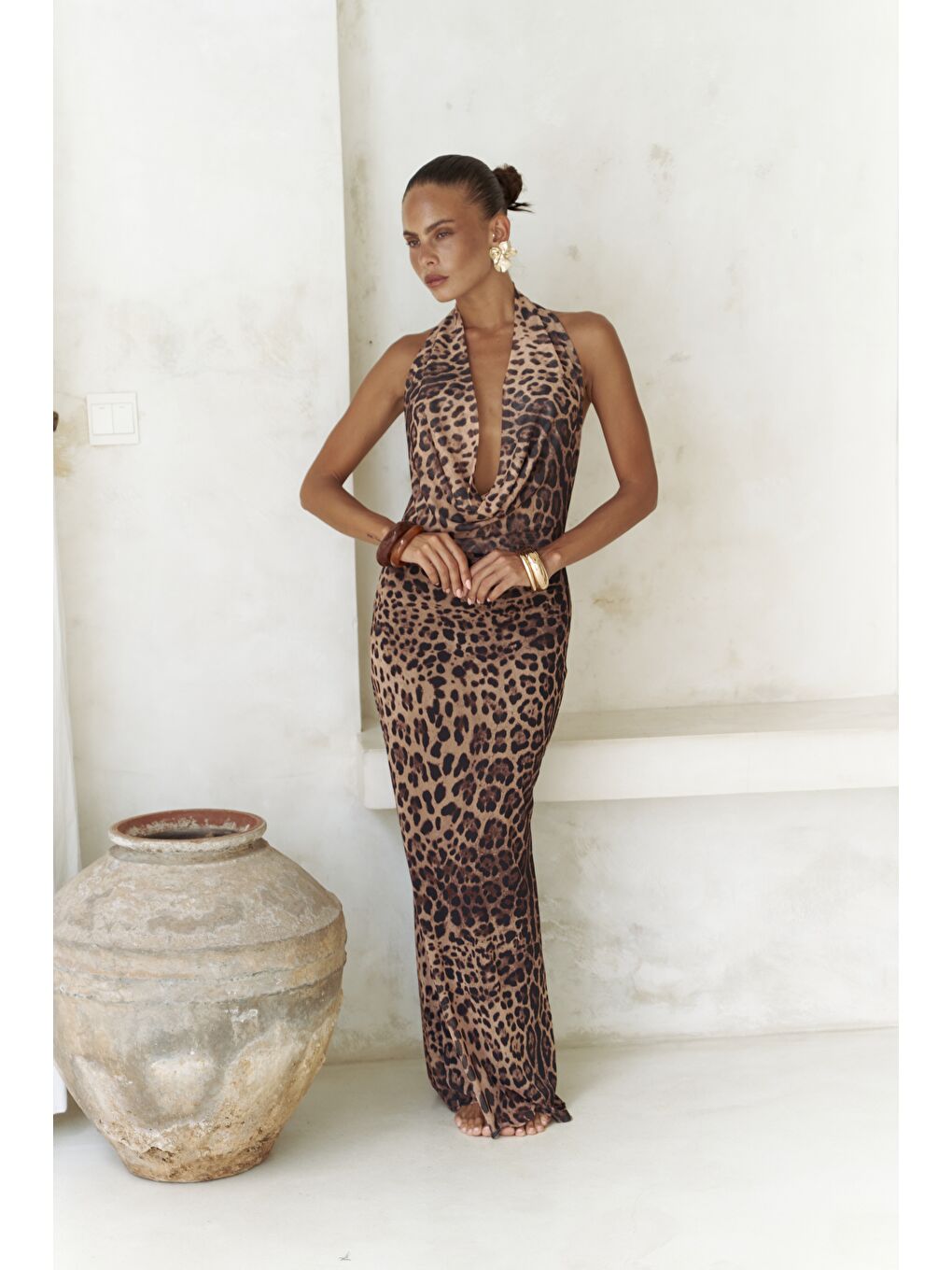 Bej Galagher Degaje Leopar Uzun Elbise-1
