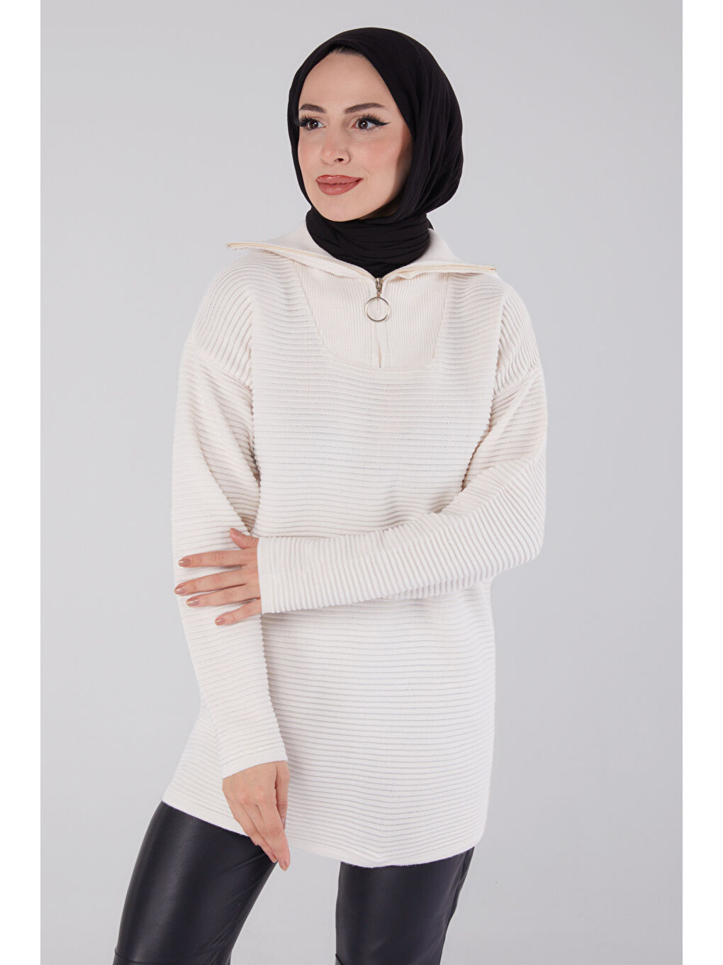 Fitili Fermuarlı Triko Kazak Bej - 27632-1