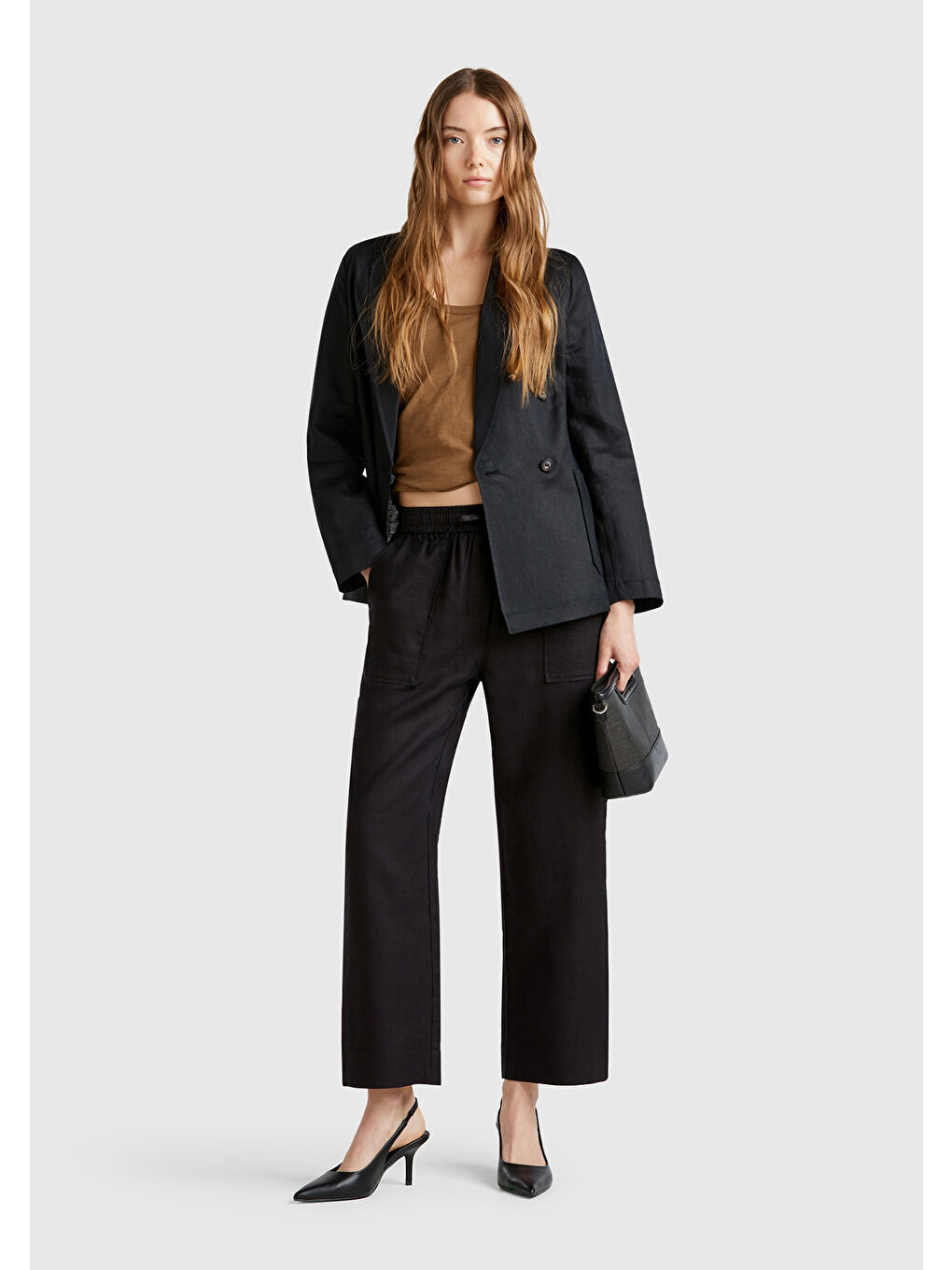 Kadın Siyah %100 Keten Büzgü İpli Cepli Sigaret Pantolon-4