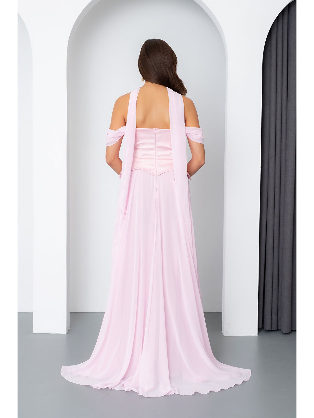 Pembe Kadın Pudra Şal Yaka Straplez Söz Nişan Abiye Elbise-4