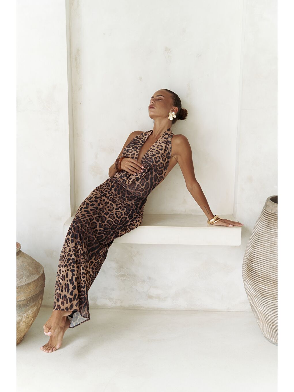 Bej Galagher Degaje Leopar Uzun Elbise-2