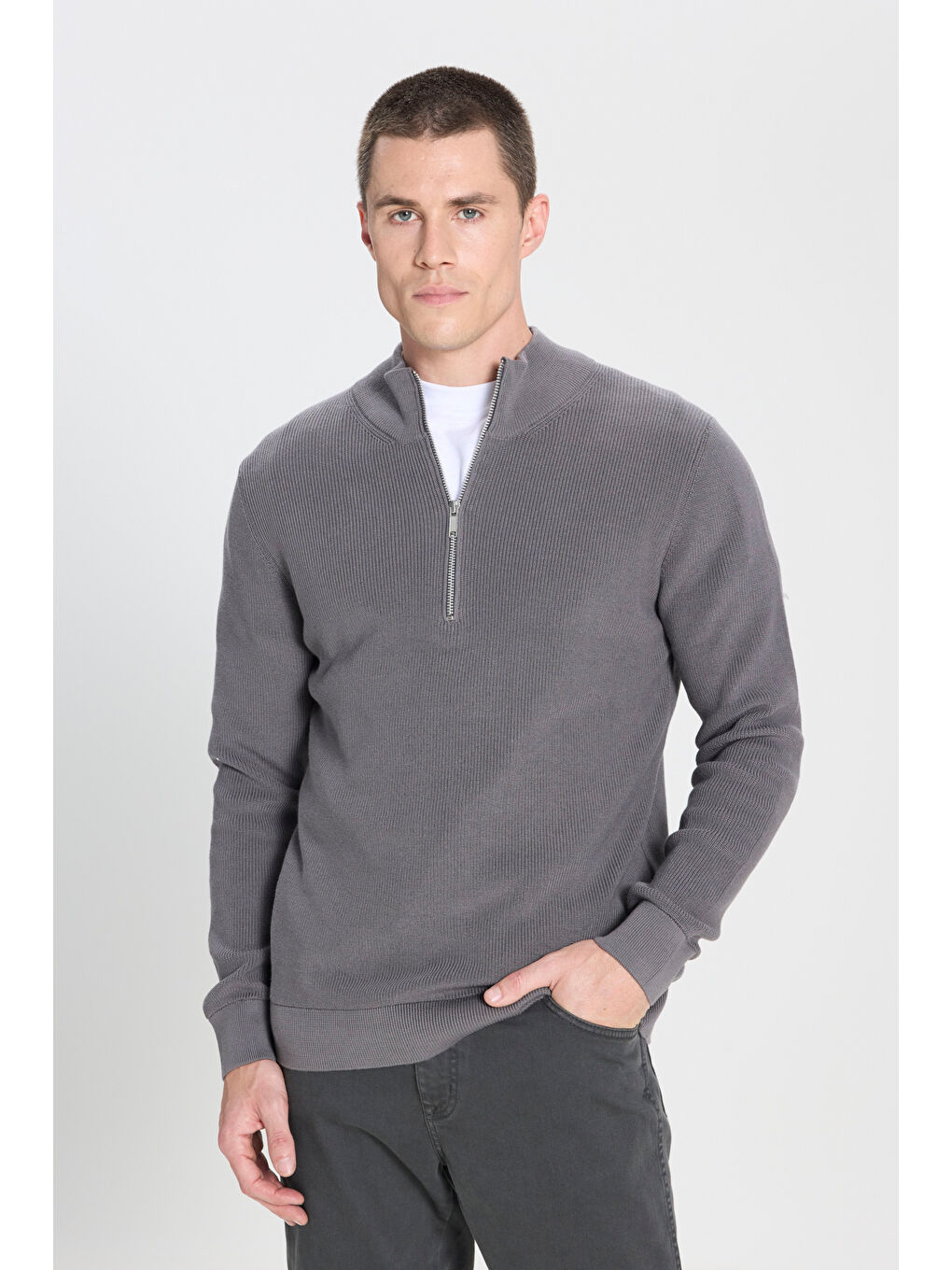 Regular Fit Normal Kesim Fermuar Detaylı Antrasit Triko Kazak-1