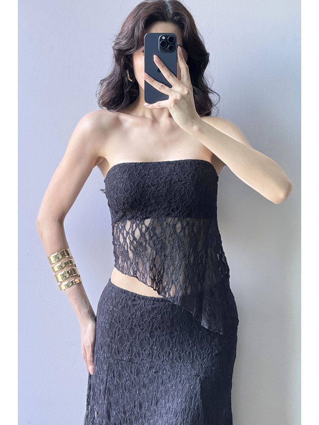 Kadın Siyah Dantel Crop Etek Takım 1026-221725-4