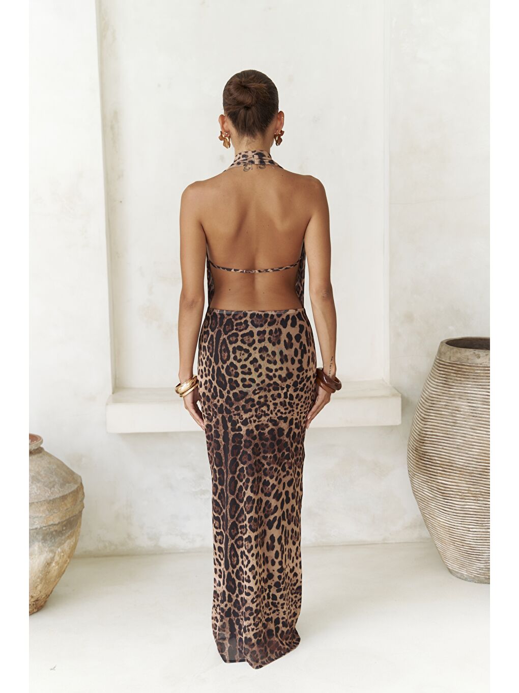 Bej Galagher Degaje Leopar Uzun Elbise-3