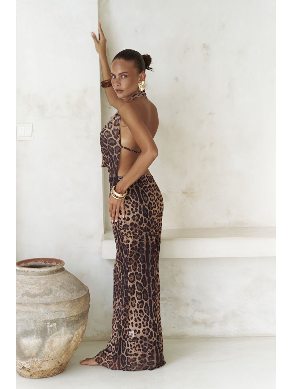 Bej Galagher Degaje Leopar Uzun Elbise-4