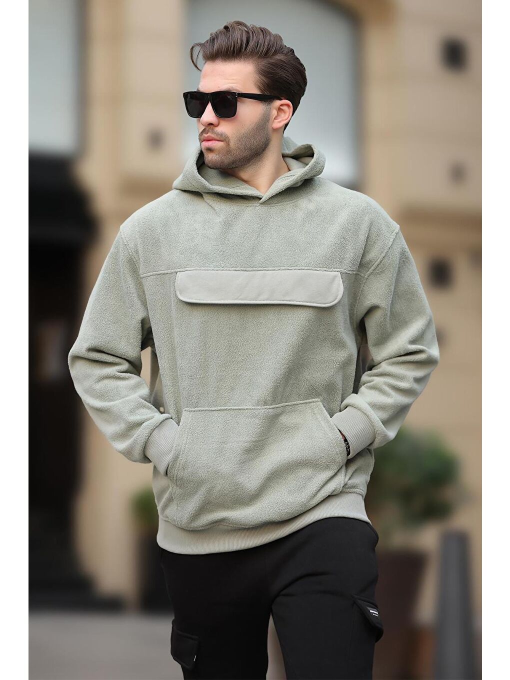 Madmext Çağla Yeşili Kapüşonlu Kapaklı Cep Detaylı Polar Erkek Sweatshirt 7097