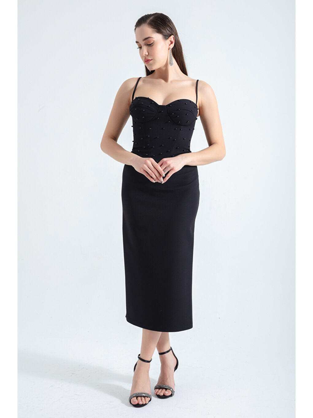 Kadın Siyah Balen Korseli İncili Midi Abiye-2