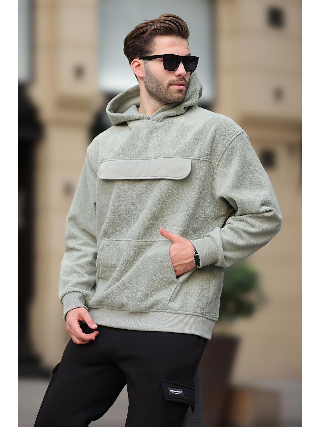 Madmext Çağla Yeşili Kapüşonlu Kapaklı Cep Detaylı Polar Erkek Sweatshirt 7097 - 1