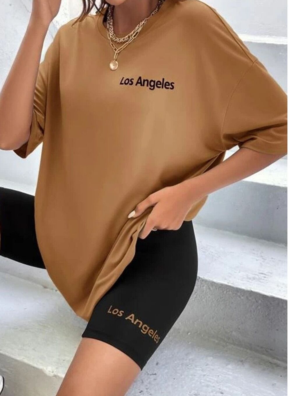 Kadın Oversize Kahverengi Baskılı Tişört Tayt Takım