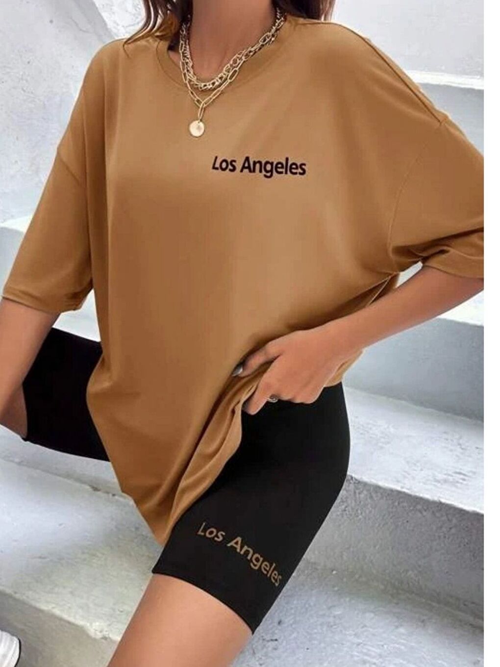 Kadın Oversize Kahverengi Baskılı Tişört Tayt Takım-1