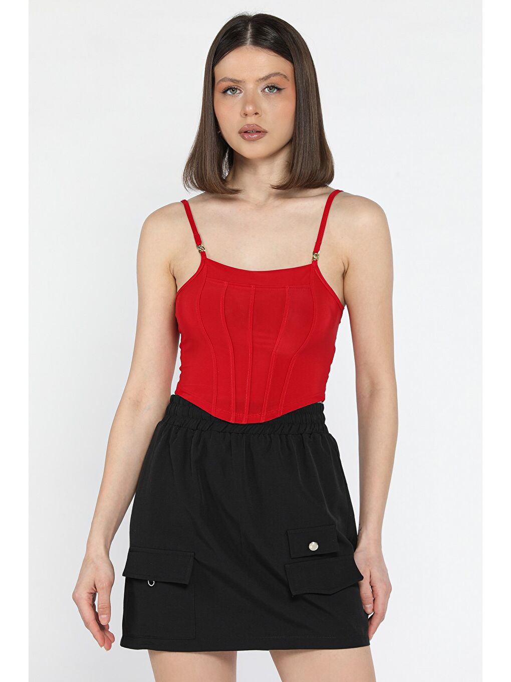 Kırmızı Kadın Ayarlanabilir Askılı Elastanlı Crop Top Bluz