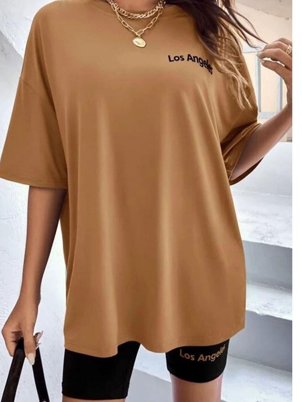 Kadın Oversize Kahverengi Baskılı Tişört Tayt Takım-3