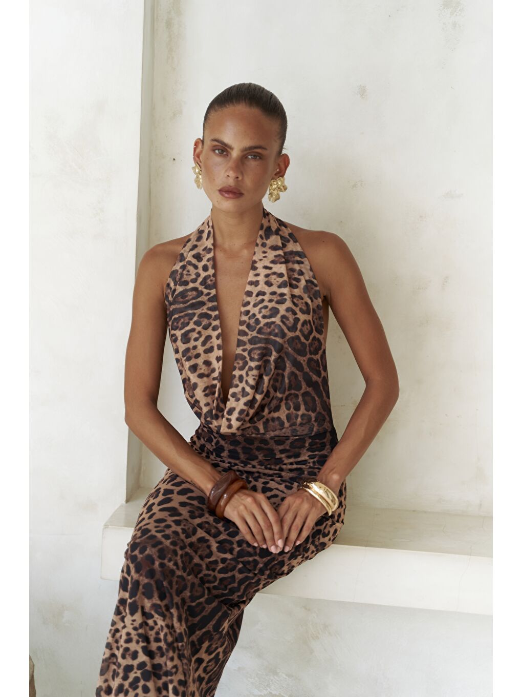 Bej Galagher Degaje Leopar Uzun Elbise-5