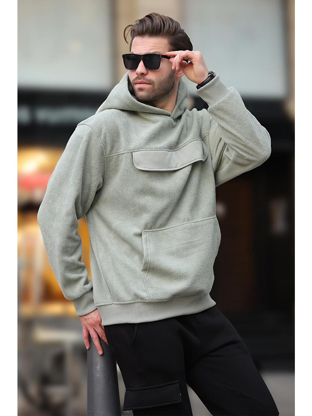 Madmext Çağla Yeşili Kapüşonlu Kapaklı Cep Detaylı Polar Erkek Sweatshirt 7097 - 2