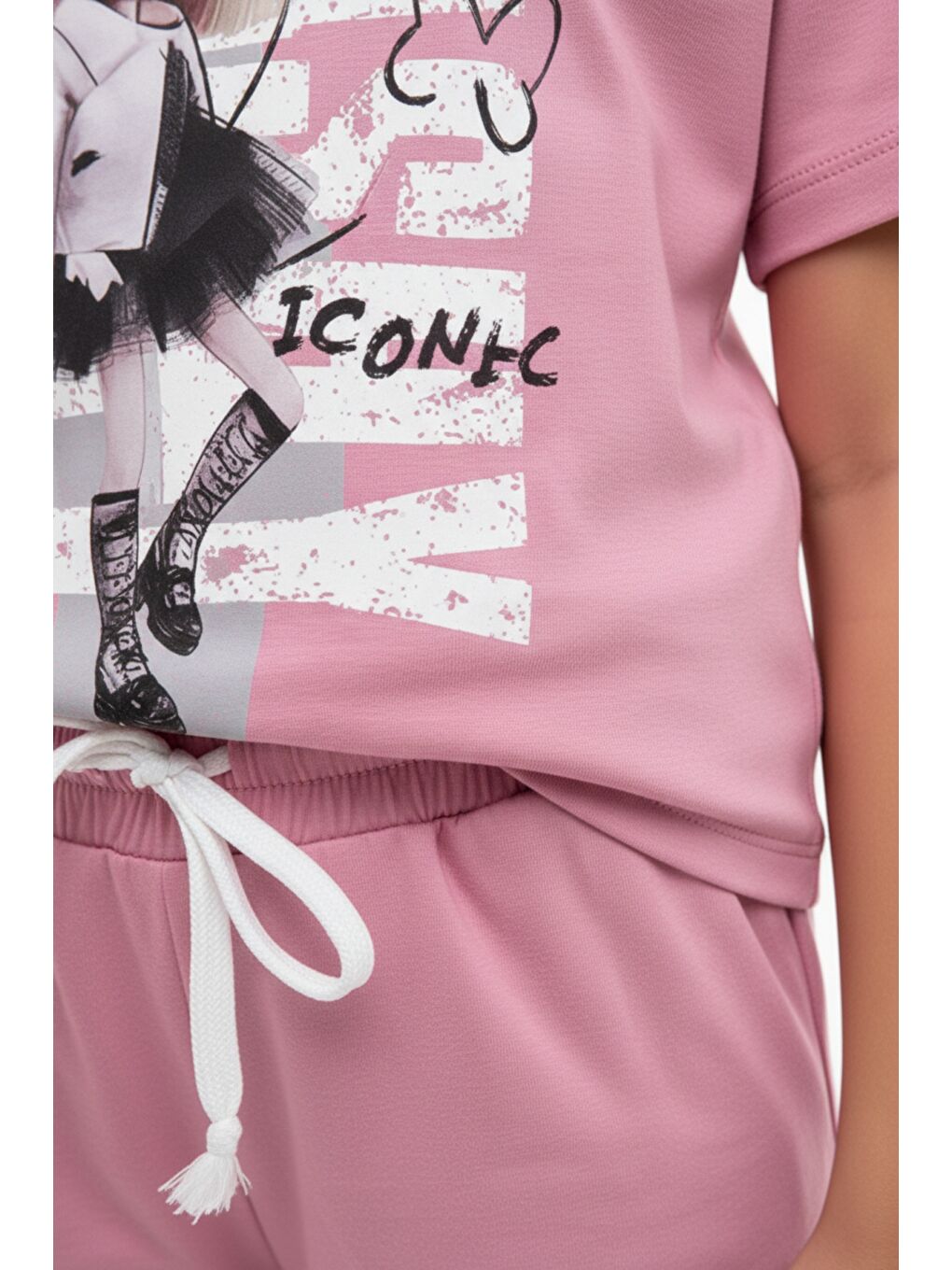 Pembe Kız Çocuk 2'li  Eşofman Takım Bisiklet Yaka Kısa Kollu Baskılı Tişört - Beli Lastikli Bağlamalı Cepl-4