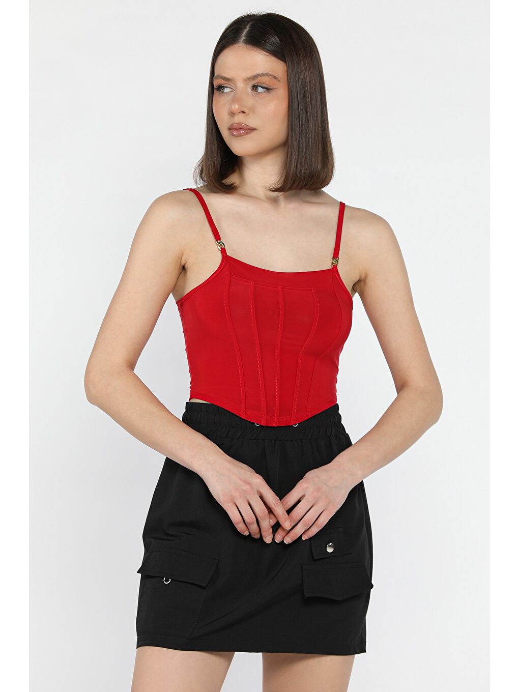 Kırmızı Kadın Ayarlanabilir Askılı Elastanlı Crop Top Bluz-1