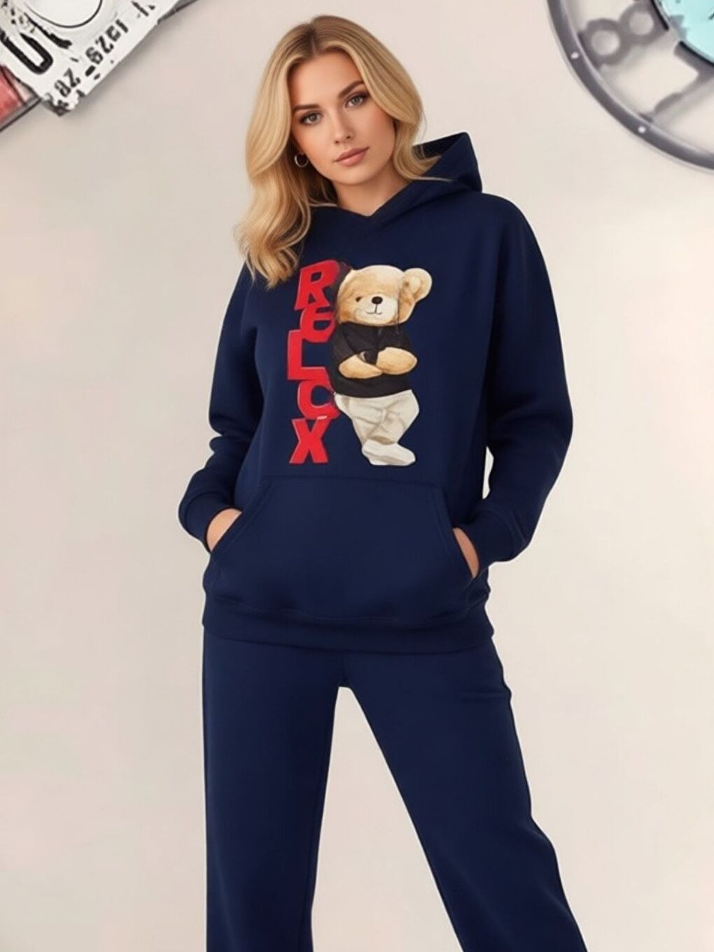 Lacivert Kadın Laci Rahat Ayıcık Baskılı Kapüşonlu Sweatshirt