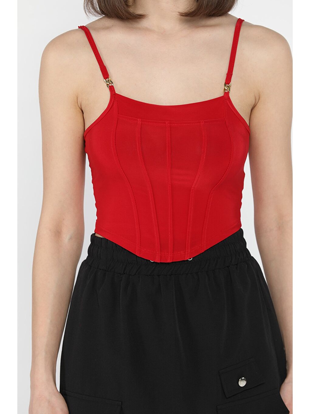 Kırmızı Kadın Ayarlanabilir Askılı Elastanlı Crop Top Bluz-2