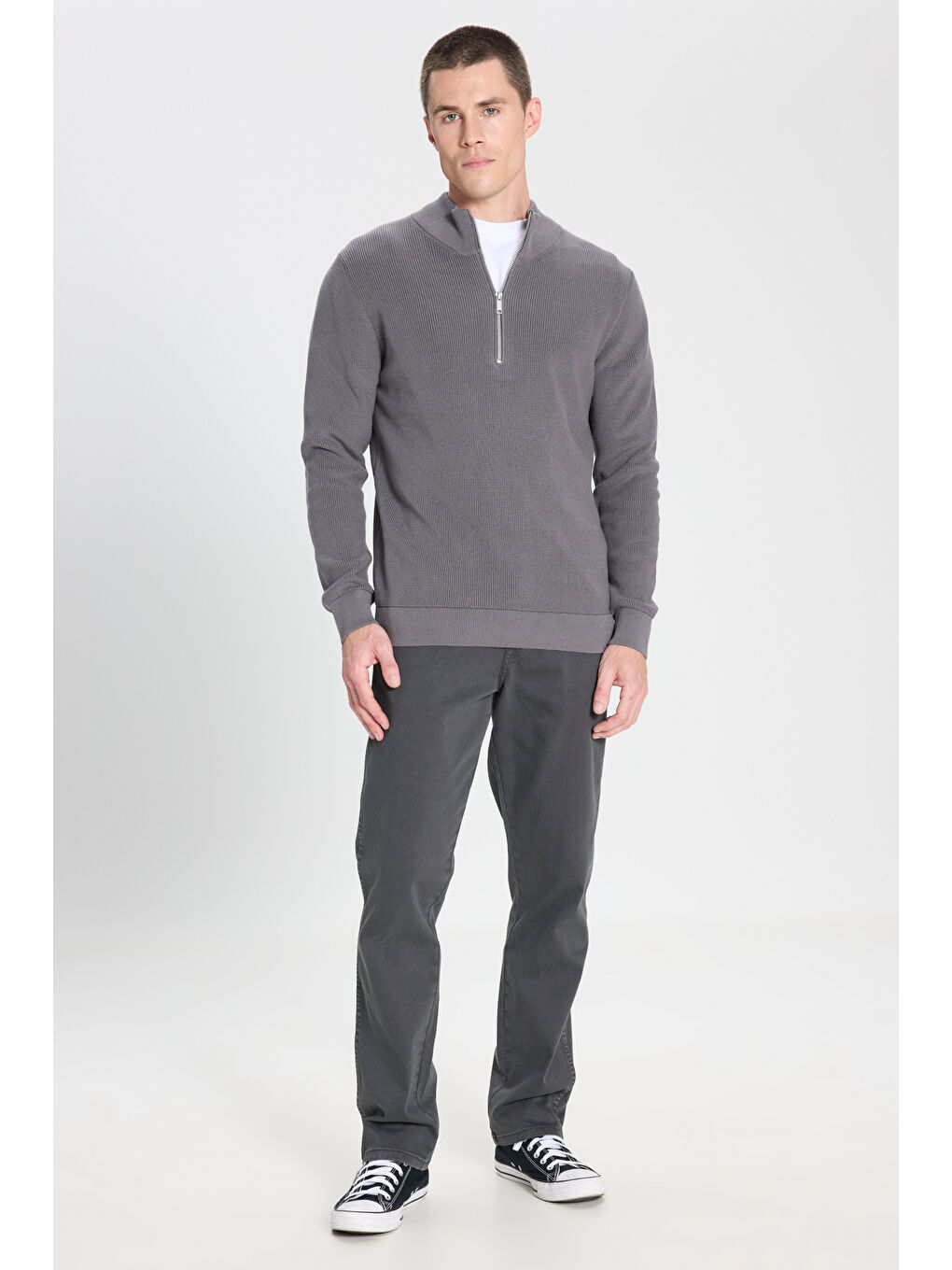 Regular Fit Normal Kesim Fermuar Detaylı Antrasit Triko Kazak-2