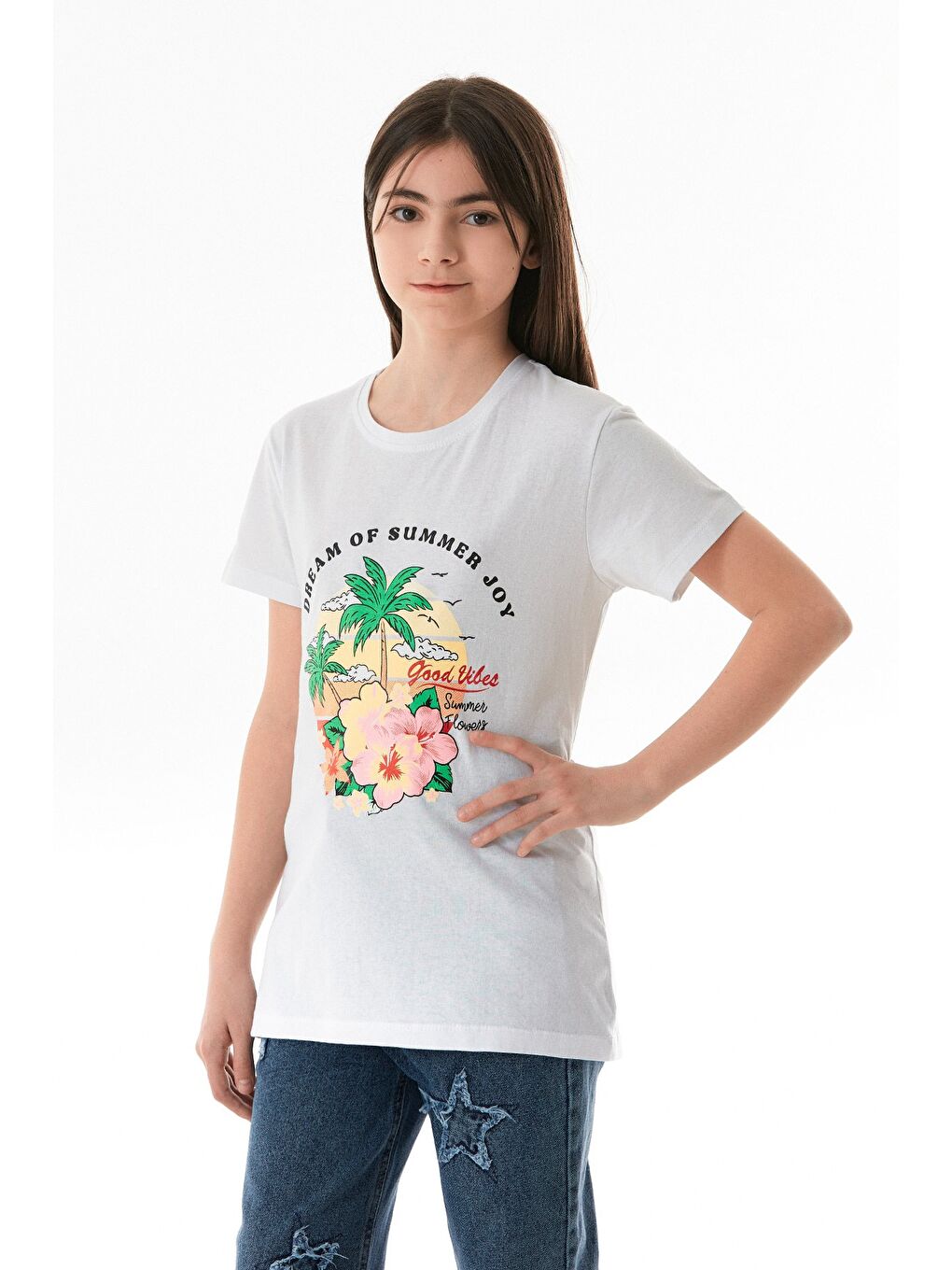 Beyaz %100 Pamuk Palmiye Baskılı Kız Çocuk Tişört