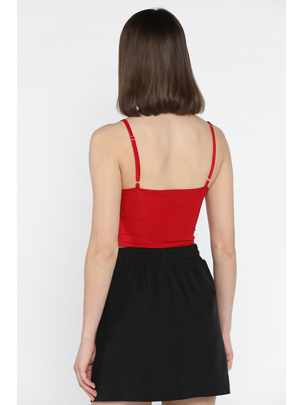Kırmızı Kadın Ayarlanabilir Askılı Elastanlı Crop Top Bluz-3