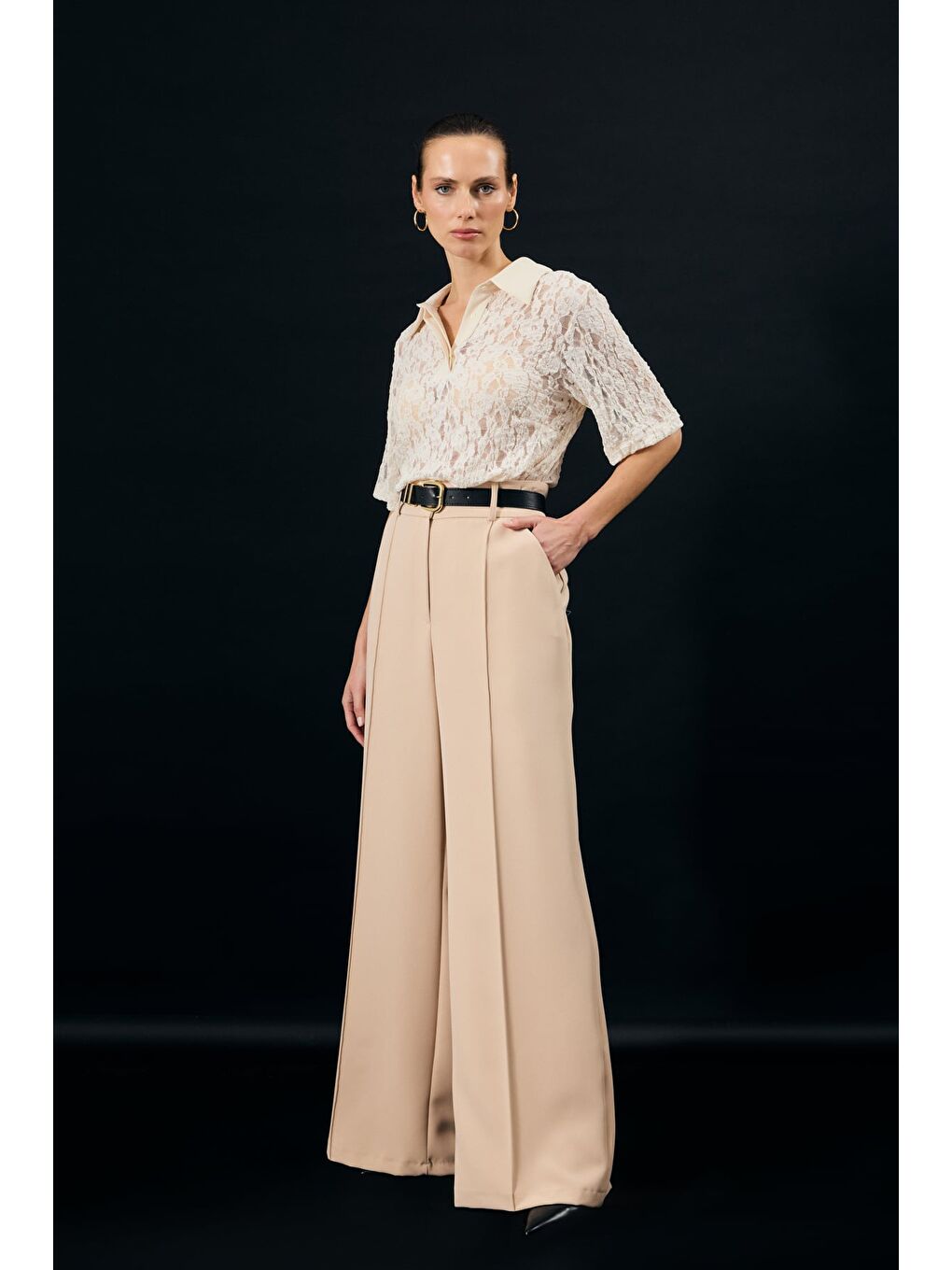 Kemer Detaylı Pantolon - Bej-4
