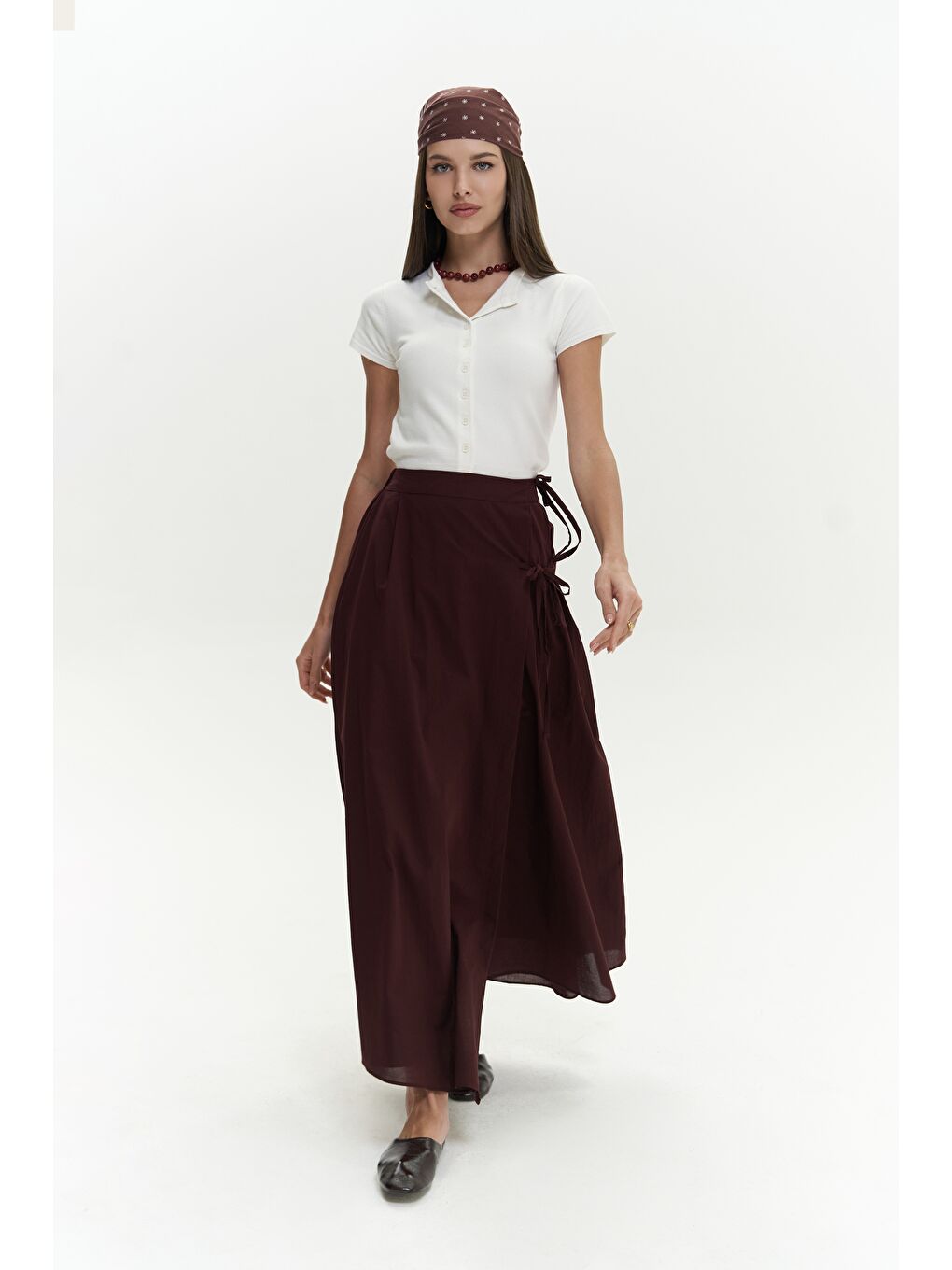 Aida İp Detay Pileli Bordo Etek