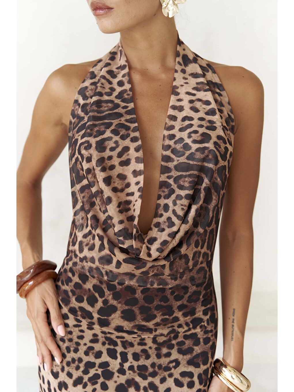 Bej Galagher Degaje Leopar Uzun Elbise-7