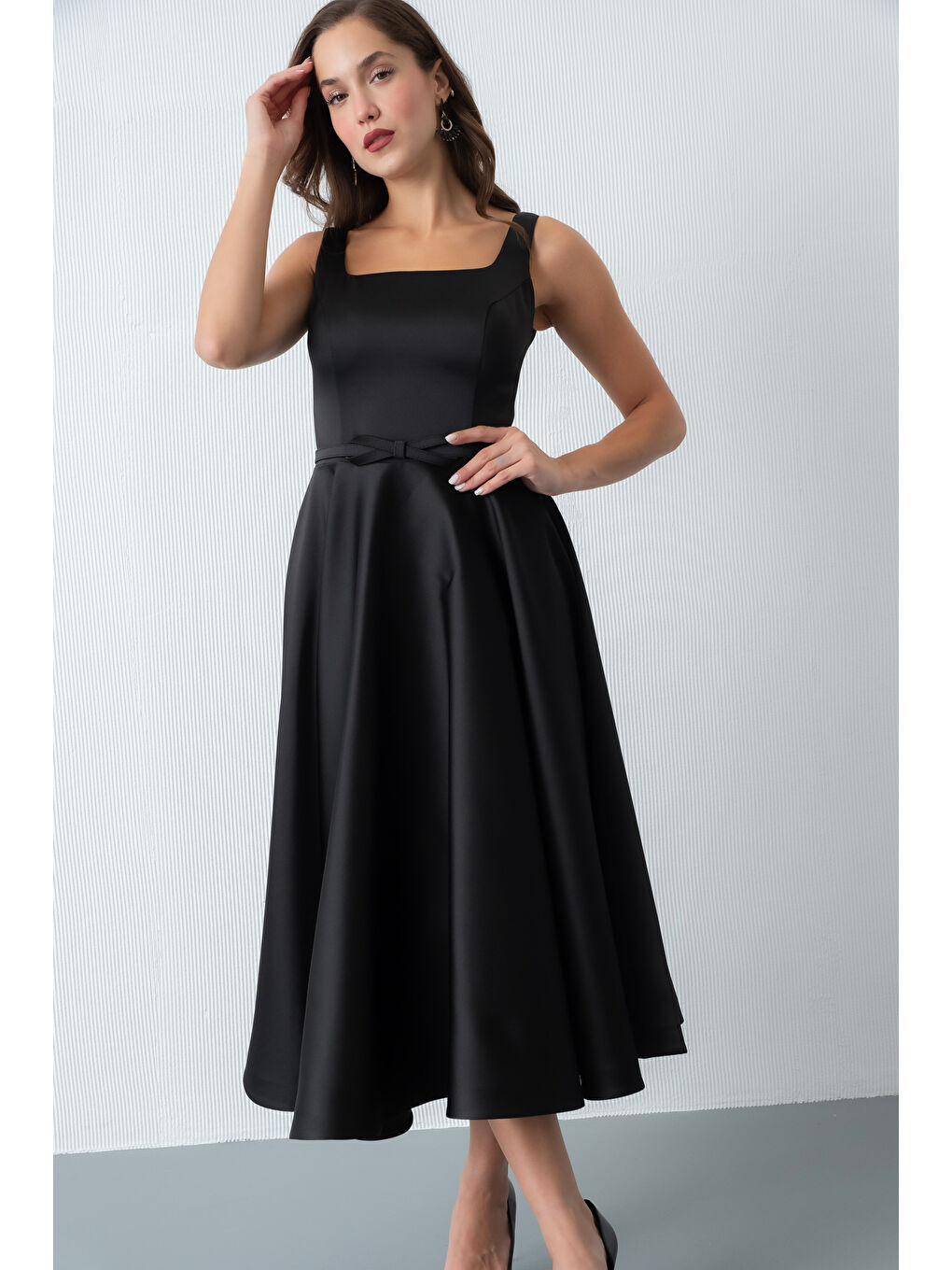 Kadın Siyah Kare Yaka Kemerli Midi Söz Nişan Elbisesi-2