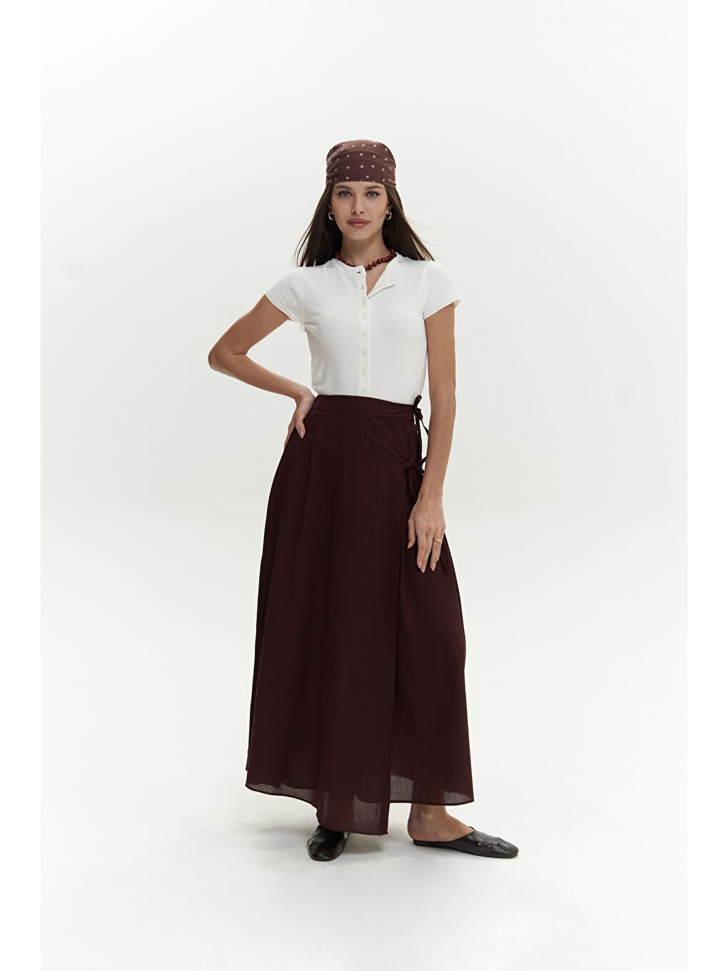 Aida İp Detay Pileli Bordo Etek-1
