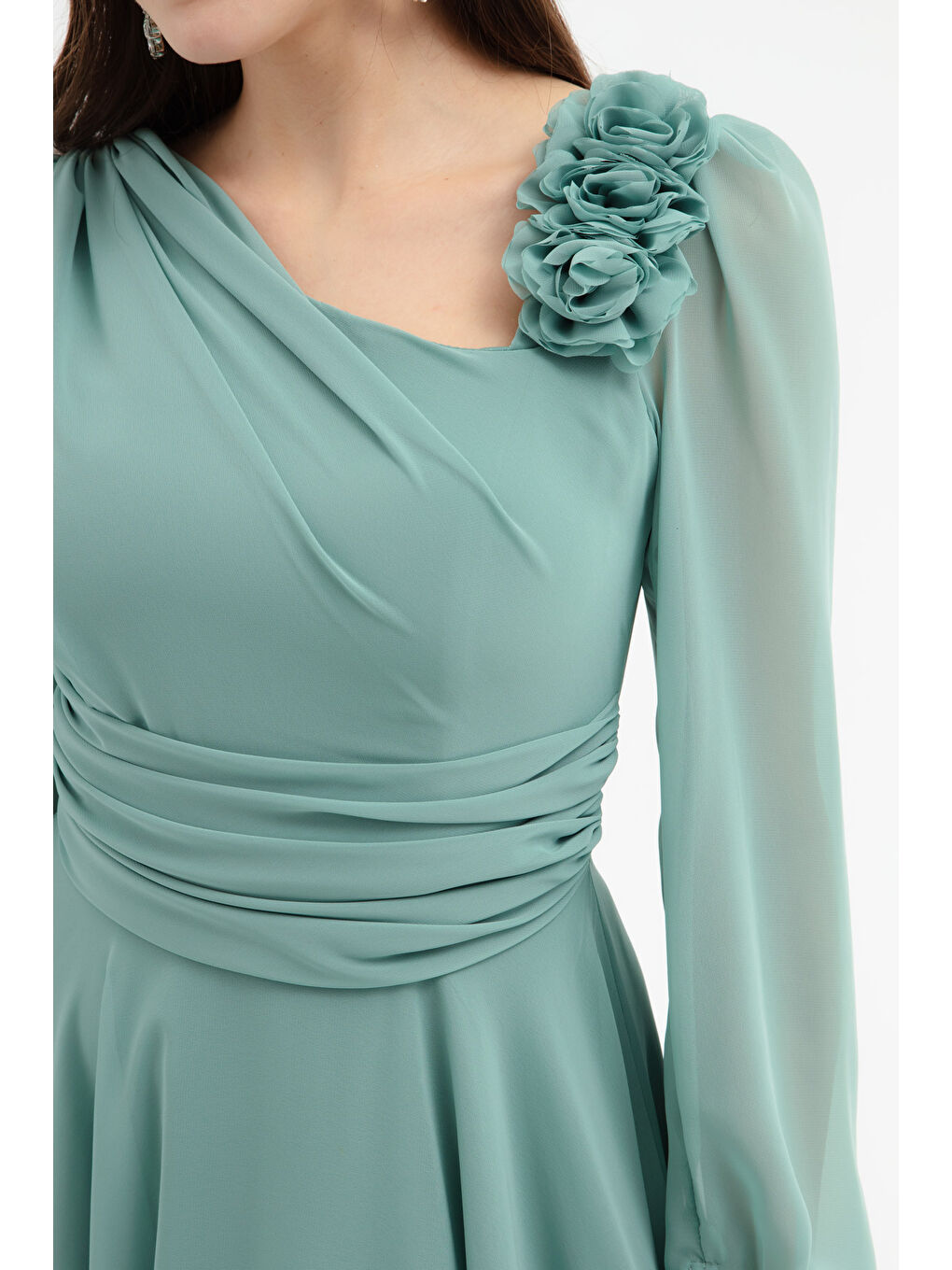 Kadın Mint Yeşili Çiçek Detaylı Midi Abiye Elbise-2