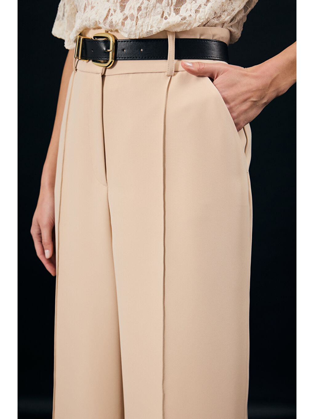 Kemer Detaylı Pantolon - Bej-5