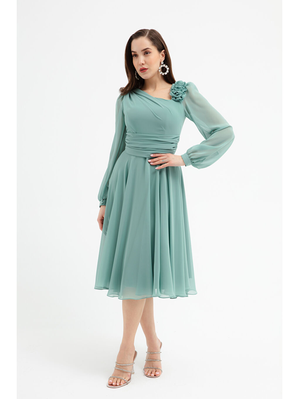 Kadın Mint Yeşili Çiçek Detaylı Midi Abiye Elbise-3