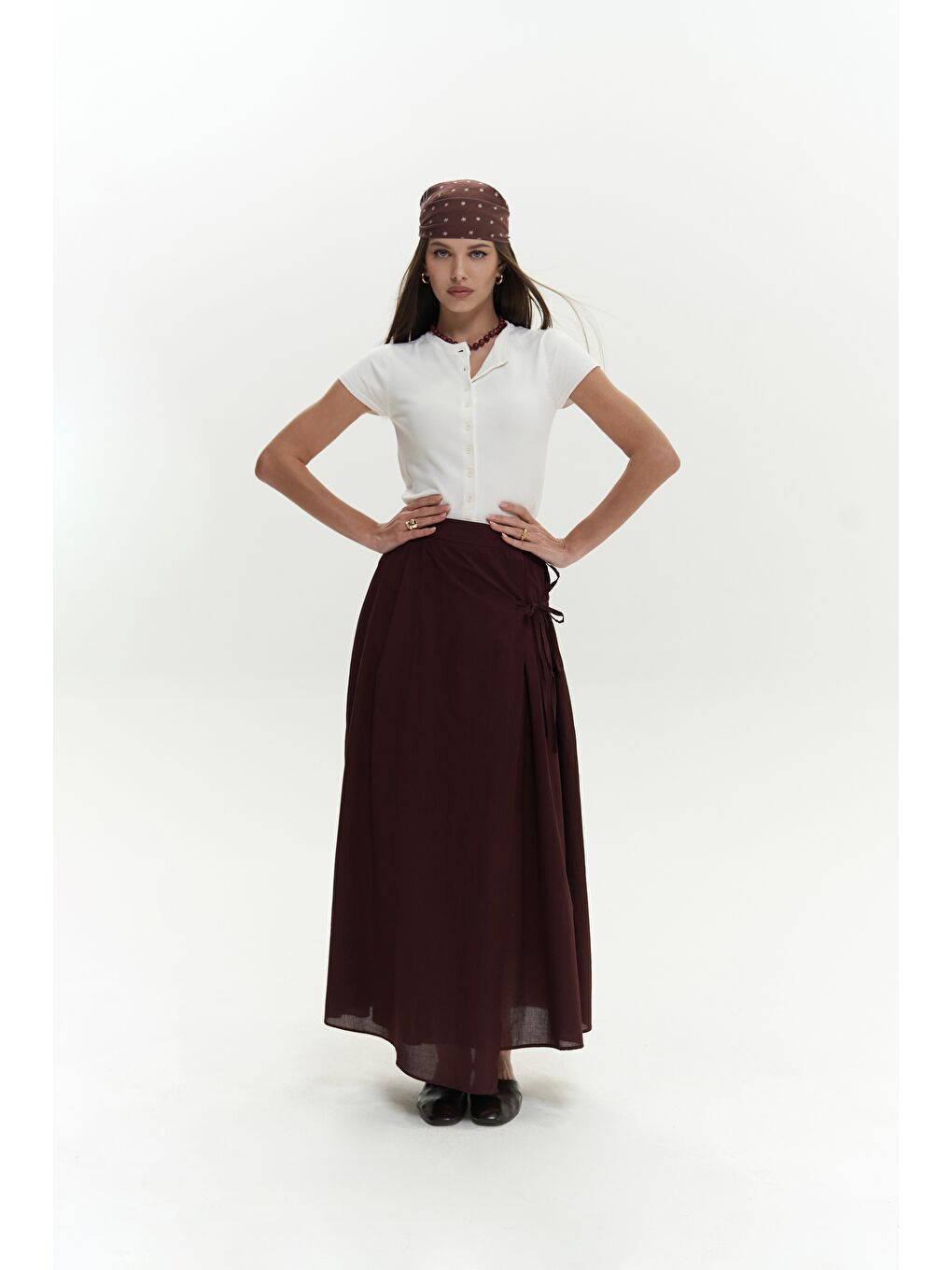 Aida İp Detay Pileli Bordo Etek-2