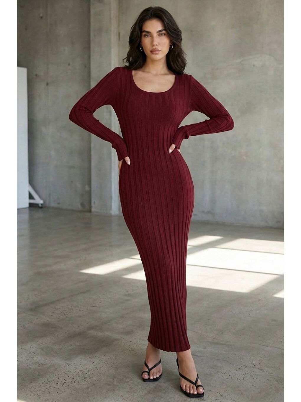 Bordo Vücuda Oturan Fitilli Triko Midi Kadın Elbise Mg2691