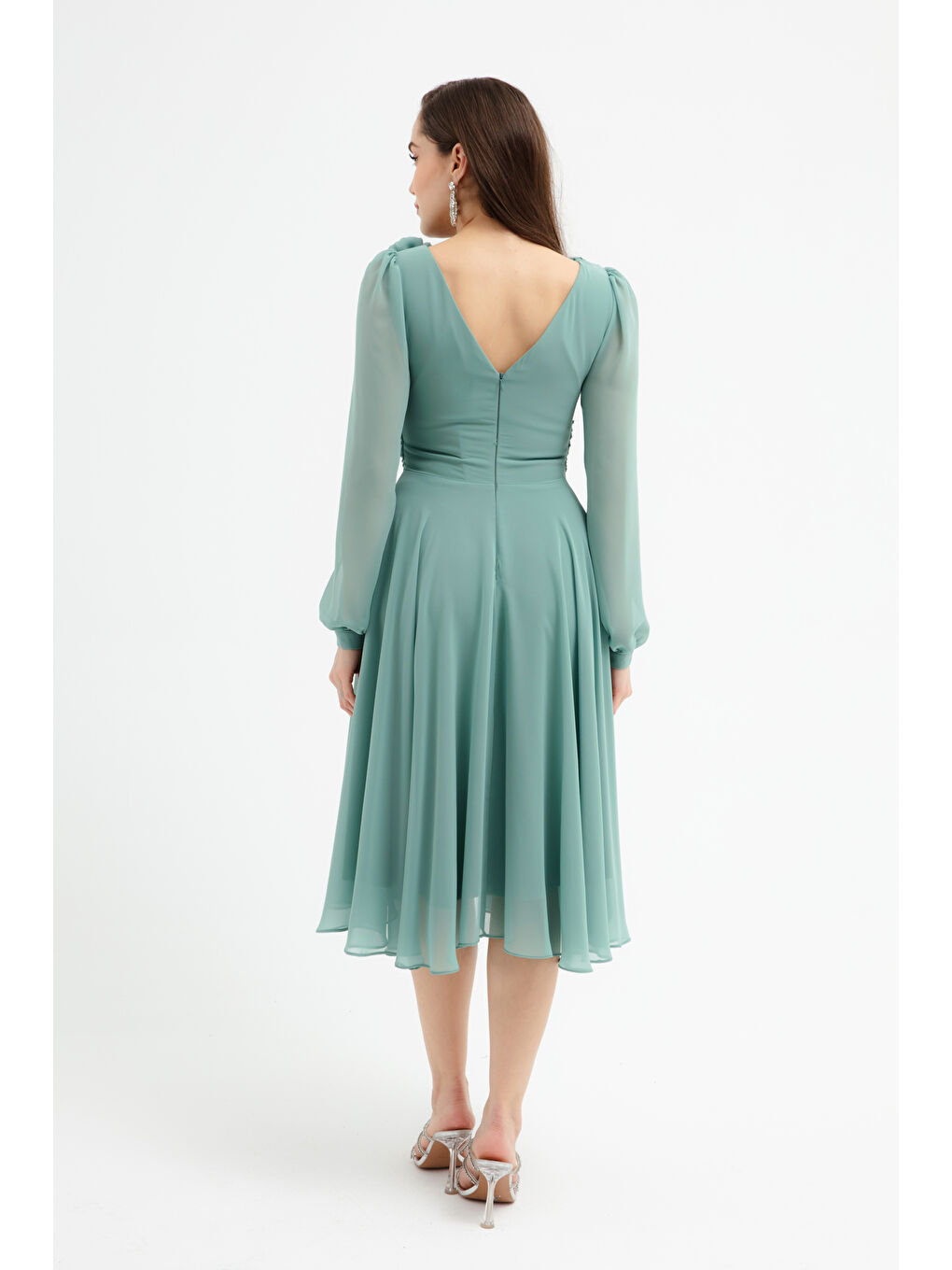 Kadın Mint Yeşili Çiçek Detaylı Midi Abiye Elbise-4