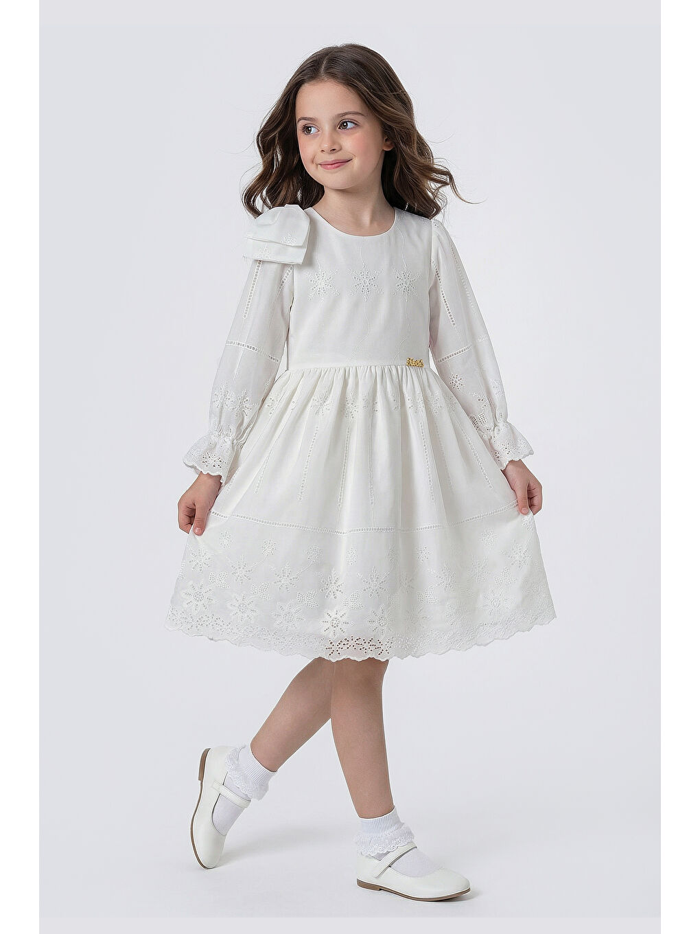 Beyaz Kız Çocuk Omzu Fiyonk Detaylı Uzun Kollu Fisto Elbise-4
