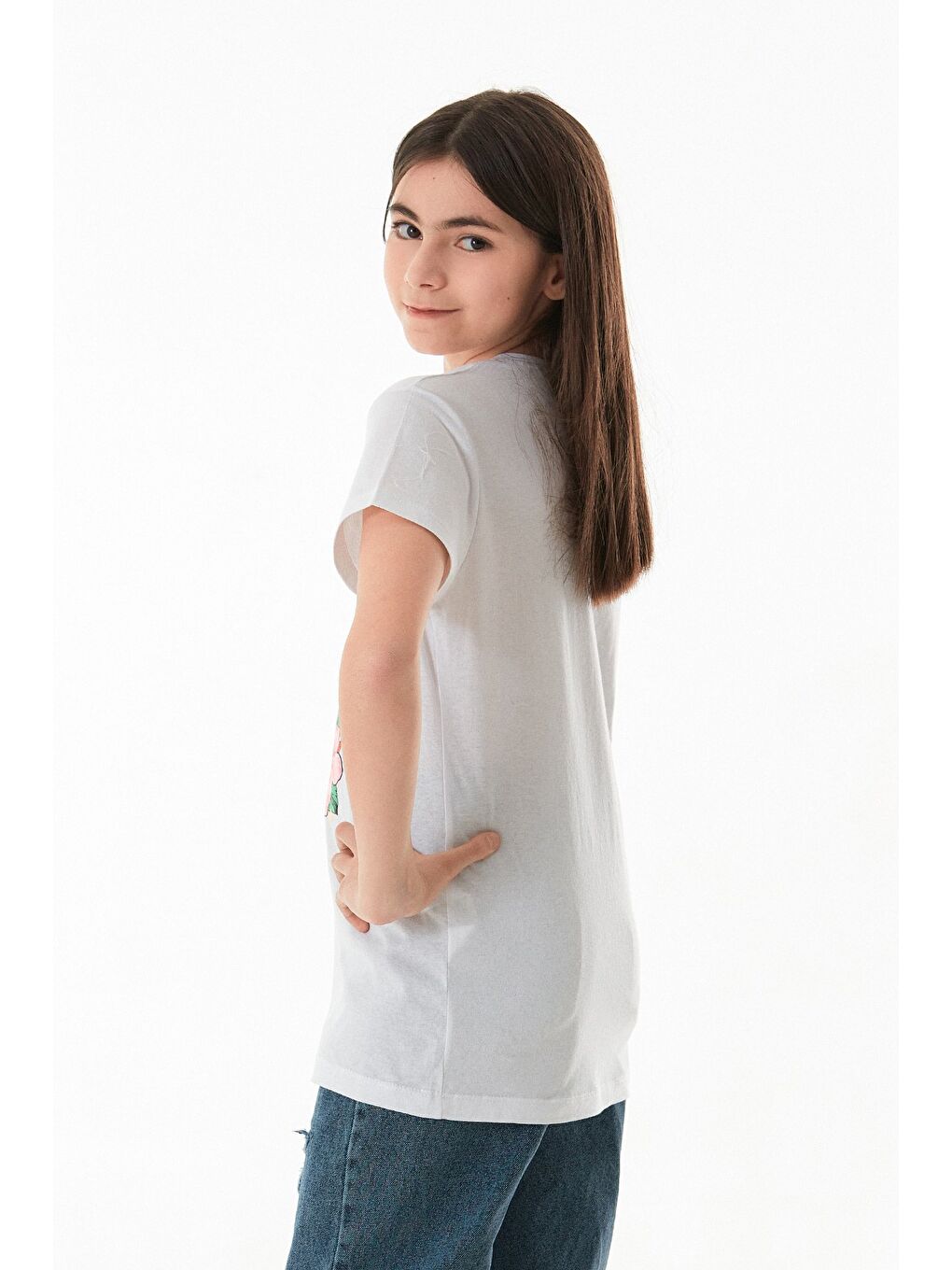 Beyaz %100 Pamuk Palmiye Baskılı Kız Çocuk Tişört-2