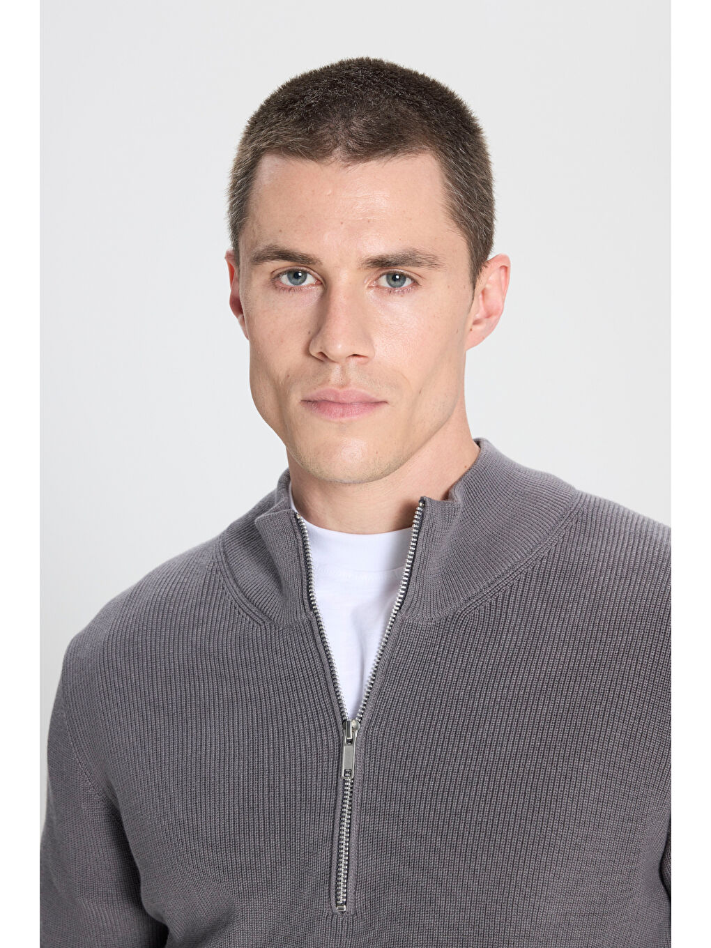 Regular Fit Normal Kesim Fermuar Detaylı Antrasit Triko Kazak-3